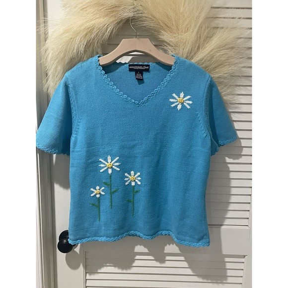 MONTEREY BAY CLOTHING CO. BLUE CROTCHET SUNFLOWER SHORT SLEEVE SWEATER VINTAGE L - Picture 2 of 8